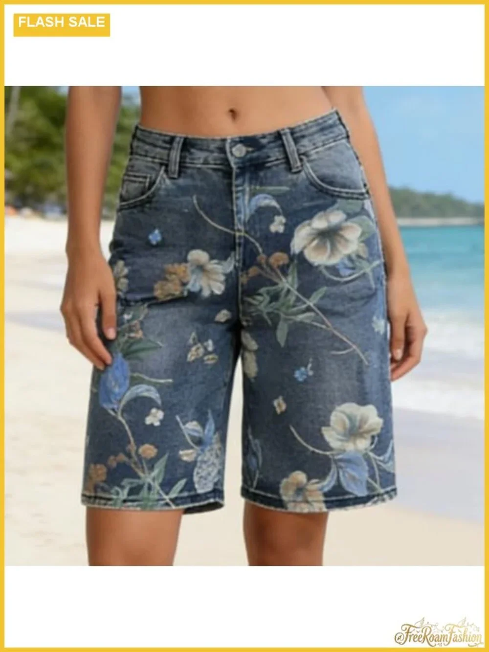 High Waist Floral Embroidered Denim Bermuda Shorts for Women Wide Leg Knee